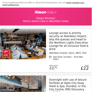 Aberdeen Airport lounge access; Apex City Quay Hotel & Spa stay, Dundee; Rishi's Indian dining; 5* Greywalls stay, East Lothian, and 7 other deals