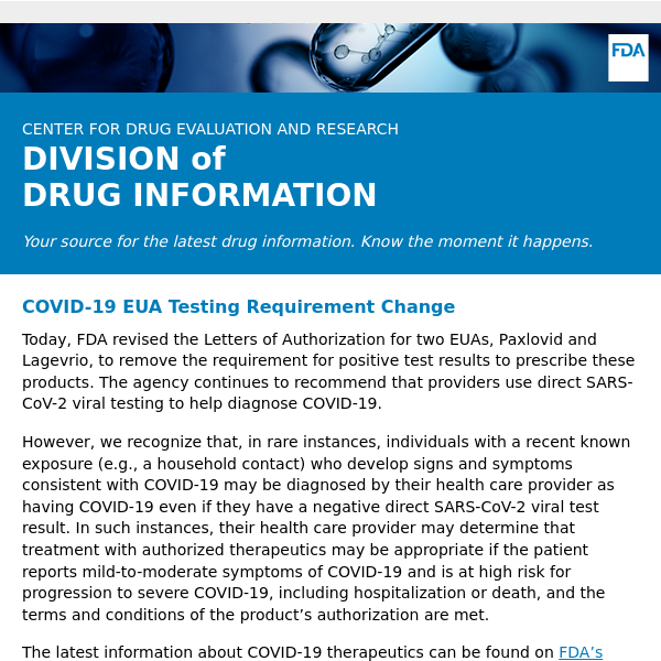 COVID-19 EUA Testing Requirement Change - Drug Information Update