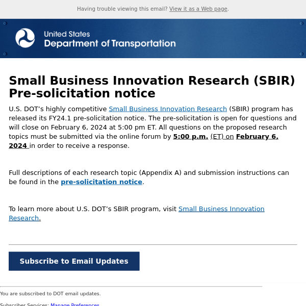 Small Business Innovation Research (SBIR) Pre-solicitation notice