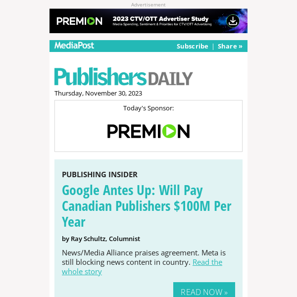 Publishers Daily: Google Antes Up: Will Pay Canadian Publishers $100M Per Year