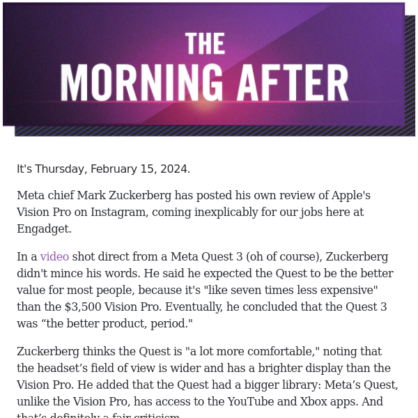 Mark Zuckerberg reviews Apple's Vision Pro
