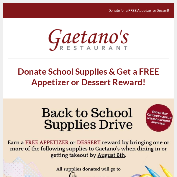 Donate School Supplies for a FREE Appetizer or Dessert!