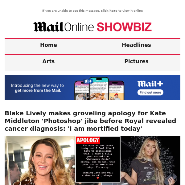 Blake Lively makes groveling apology for Kate Middleton 'Photoshop' jibe before Royal revealed cancer diagnosis: 'I am mortified today'