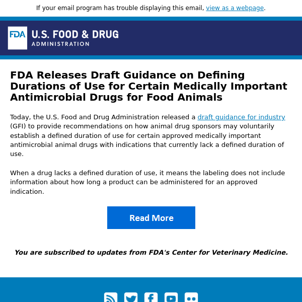 FDA Releases Draft Guidance on Defining Durations of Use for Certain Medically Important Antimicrobial Drugs for Food Animals