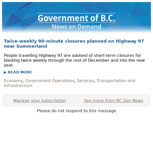 BC Gov News - Twice-weekly 90-minute closures planned on Highway 97 near Summerland