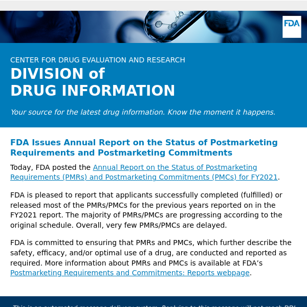 FDA Issues Annual Report on the Status of Postmarketing Requirements and Postmarketing Commitments - Drug Information Update