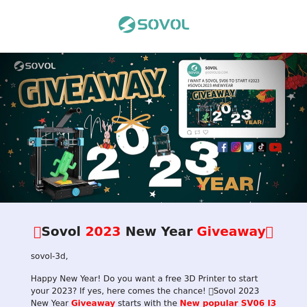 Want a free SV06 I3 Style 3D Printer to start your 2023? Sovol 2023 New Year Giveaway starts! 🎉