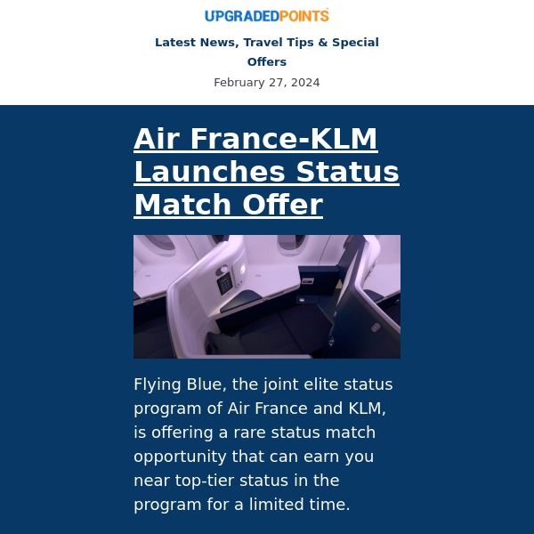 Air France-KLM status match, Alaska Amex Offer, 15k-point Hyatt virtual timeshare presentation, and more news...