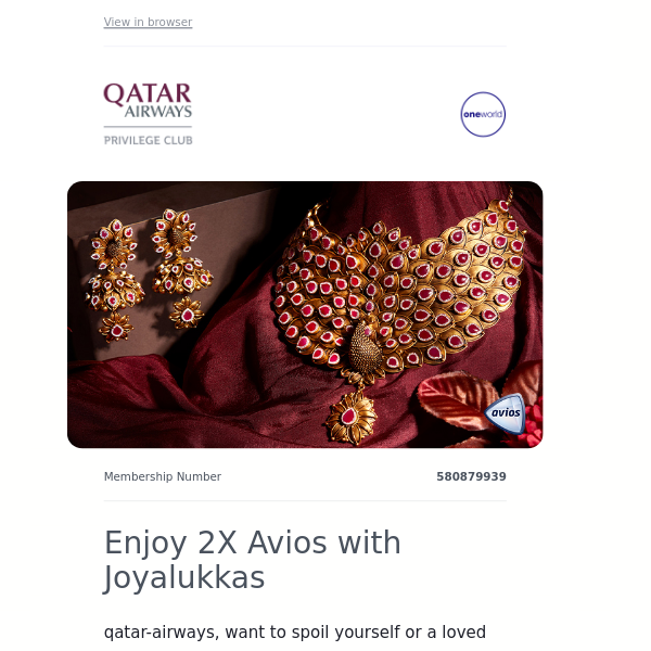 Qatar Airways , collect double Avios with Joyalukkas