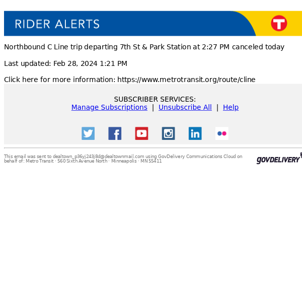 Later today: C Line trip departing 7th St & Park Station at 2:27 PM canceled
