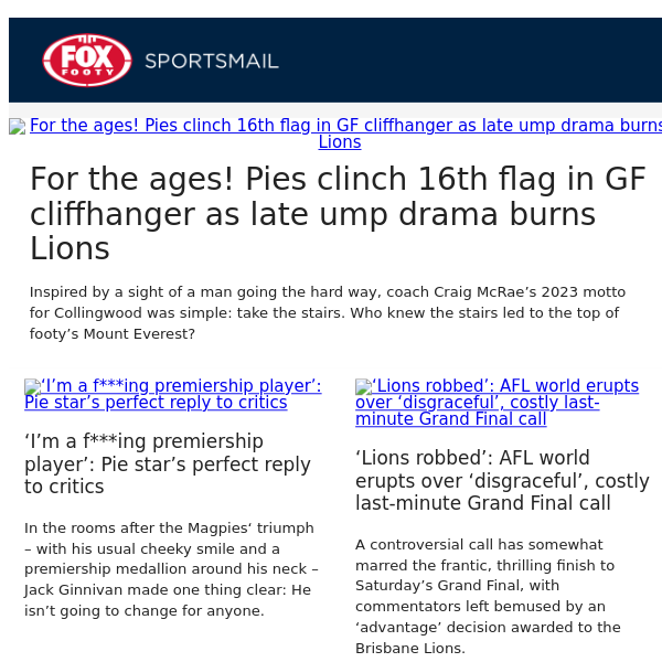 For the ages! Pies clinch 16th flag in GF cliffhanger as late ump drama burns Lions