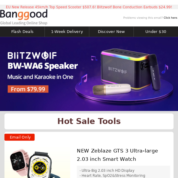 [ 23Sold/Total 30pcs ] Blitzwolf Karaoke Speaker with 2 Mic Only From 79.99! Zeblaze GTS3 Smartwatch $9.99!