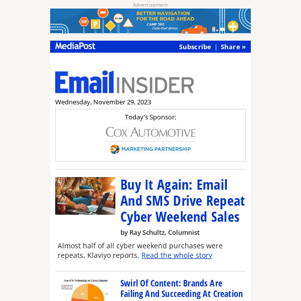 Email Insider: Buy It Again: Email And SMS Drive Repeat Cyber Weekend Sales