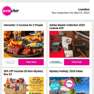 Harvester: 2 Courses for 2 People | Adobe Master Collection 2023 License £99 | 50% Off Voucher-20-Item Mystery Box £3 | Mystery Holiday: 2024 Dates | BYOB Pottery Workshop £18