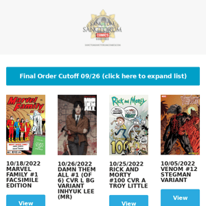 Final Order Cutoff Comic Preorders 09/26