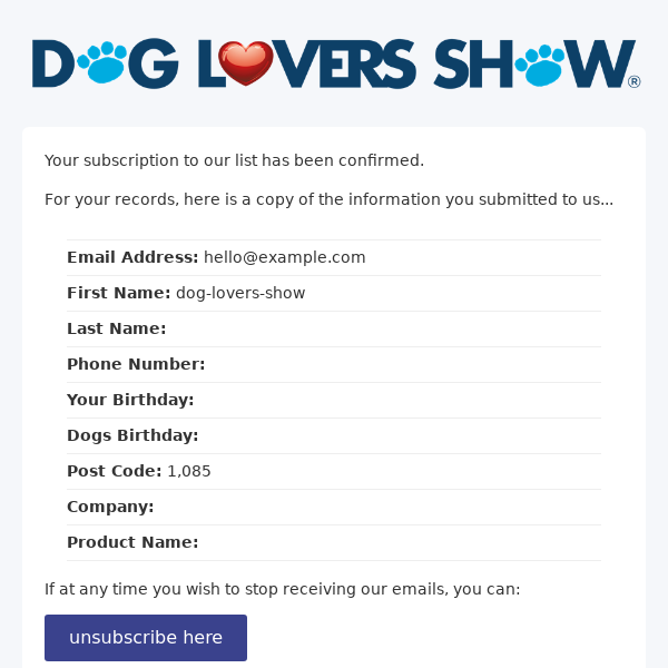 Dog Lovers Show: Subscription Confirmed