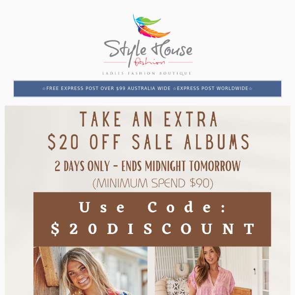 A $20 Gift for you🕊 Take a further $20 OFF our SALE ALBUMS 💃 2 Days only **$90 Min. Spend** ENDS MIDNIGHT TOMORROW 🏃‍♀️🏃‍♀️