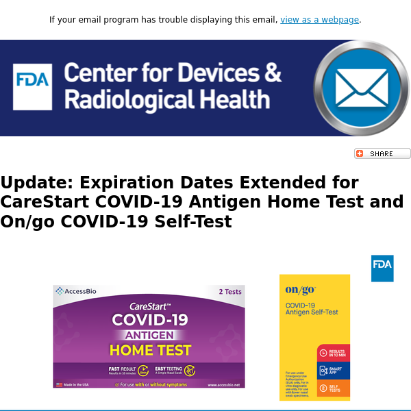 Extended Expiration Date: CareStart COVID-19 Antigen Home Test and On/go COVID-19 Self-Test