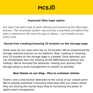 Pics.io DAM October Updates: Improved Okta Login, Better S3 Bucket Choice, and More!