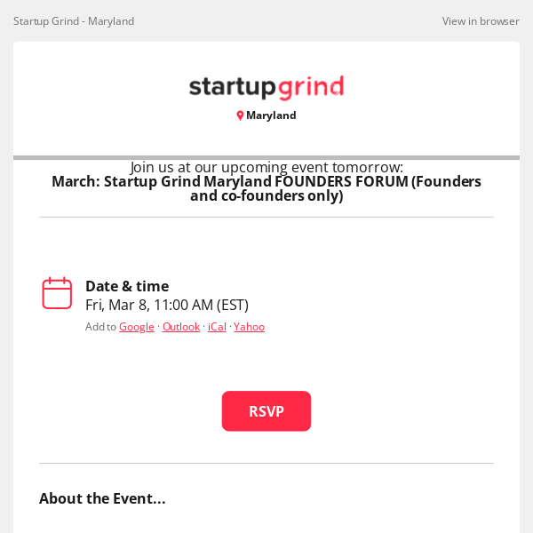 Event Tomorrow: March: Startup Grind Maryland FOUNDERS FORUM (Founders and co-founders only)