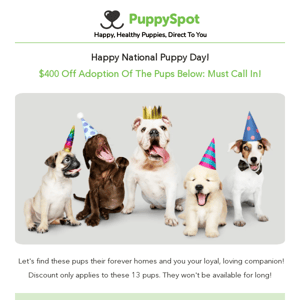 $400 Off Adoption On Select Pups. Happy National Puppy Day!