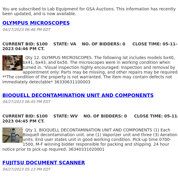 GSA Auctions Lab Equipment Update
