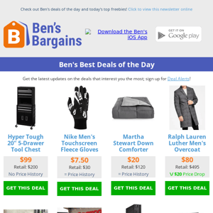 Ben's Best Deals: $99 Tool Chest - $80 Ralph Lauren Overcoat - $215 Futon / Sofa - $5 Adidas Beanie - $300 Patio Set