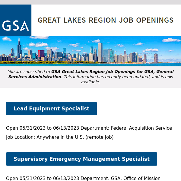 New/Current Job Opportunities in the GSA Great Lakes Region