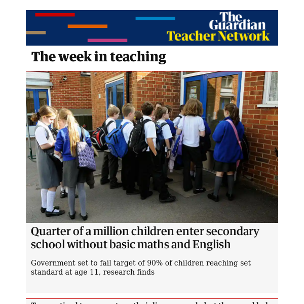 Teacher Network: - Quarter of a million children enter secondary school without basic maths and English