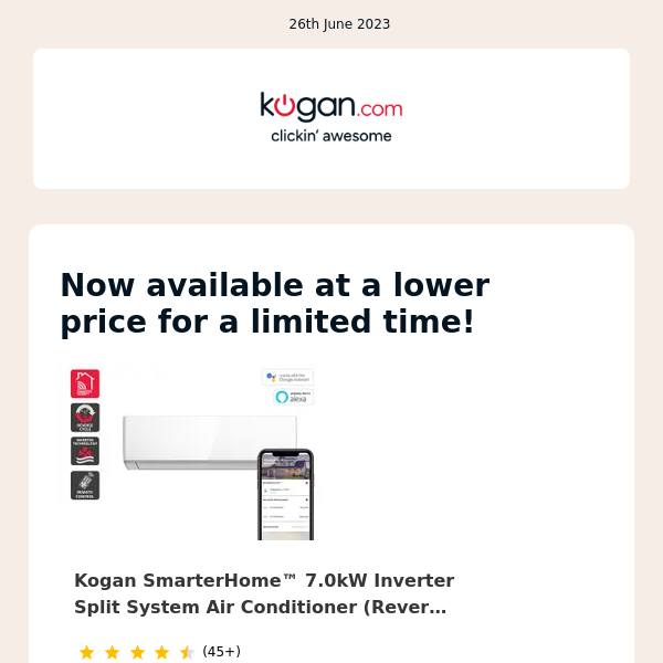 PRICE DROP: Kogan SmarterHome™ 7.0kW Inverter Split System Ai… & More