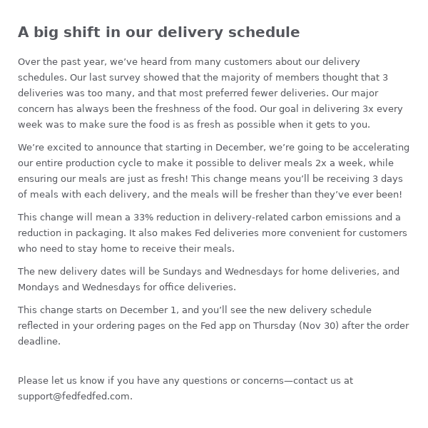 IMPORTANT SERVICE UPDATE: Fed's delivery schedule