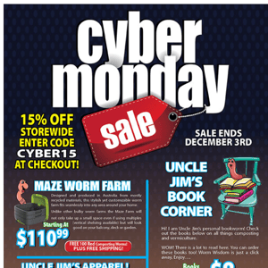 Cyber Monday Worm Farm Sale. 15% Off Storewide.