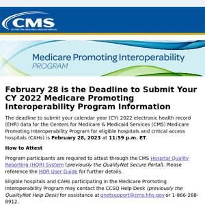 Reminder: Submit Your 2022 Information for the Medicare Promoting Interoperability Program by February 28