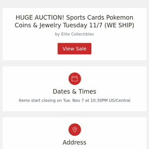 HUGE AUCTION! Sports Cards Pokemon Coins & Jewelry Tuesday 11/7 (WE SHIP)