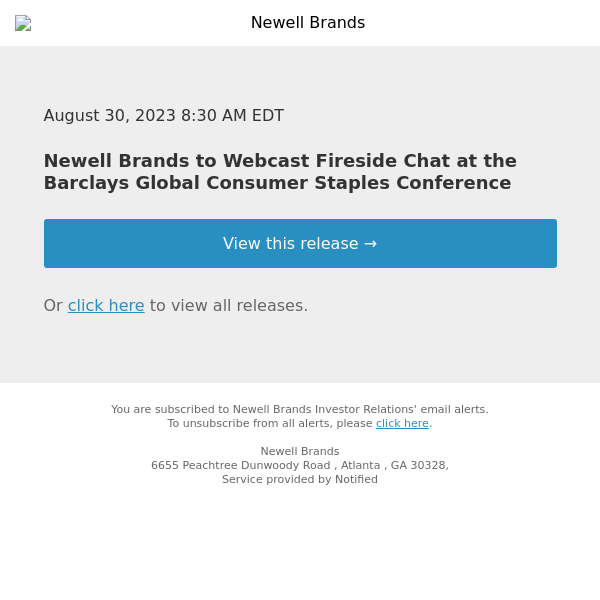 Newell Brands to Webcast Fireside Chat at the Barclays Global Consumer Staples Conference