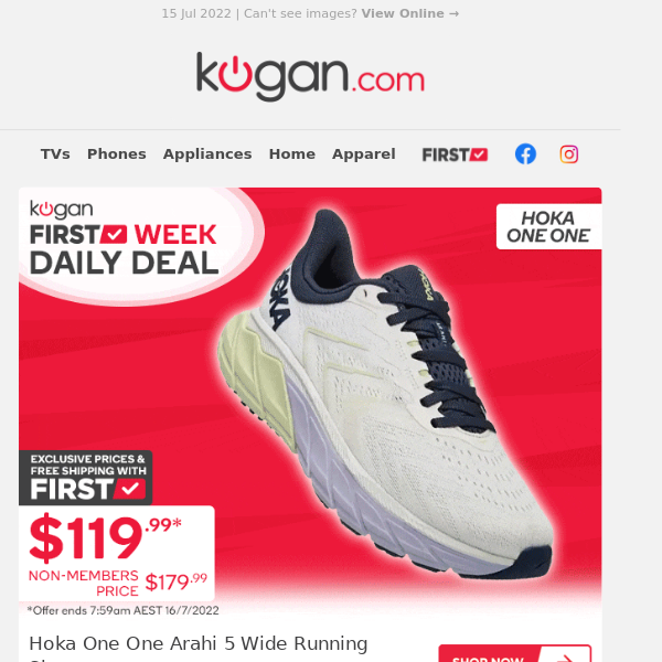 Huge $60 OFF Hoka One One Shoes & More Exclusive Deals for Kogan First Members!*