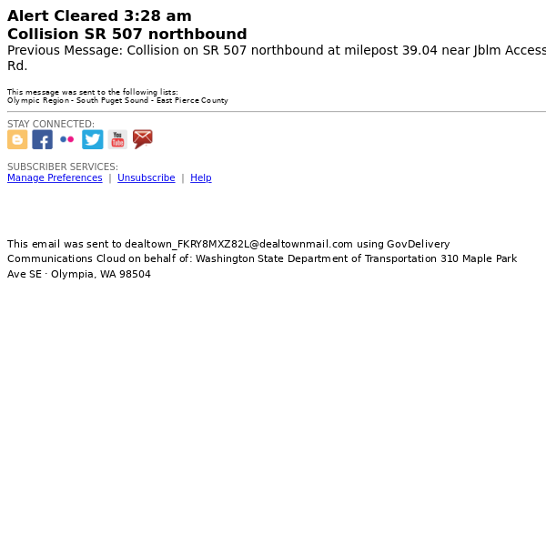 Cleared WSDOT Alert: Collision SR 507 northbound at milepost 39.0