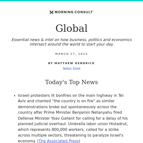 Morning Consult Global: Mass Protests and Worker Strikes Erupt in Israel After Defense Minister Fired