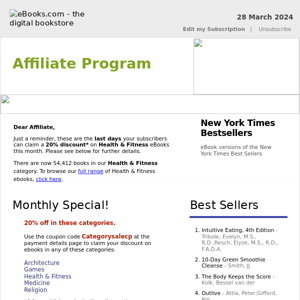 Affiliate Program : Last Days for 20% Discount on Health and Fitness eBooks, See Coupon Code...