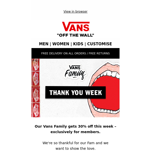 30% off, just for the Family – it's Thank You Week - Vans