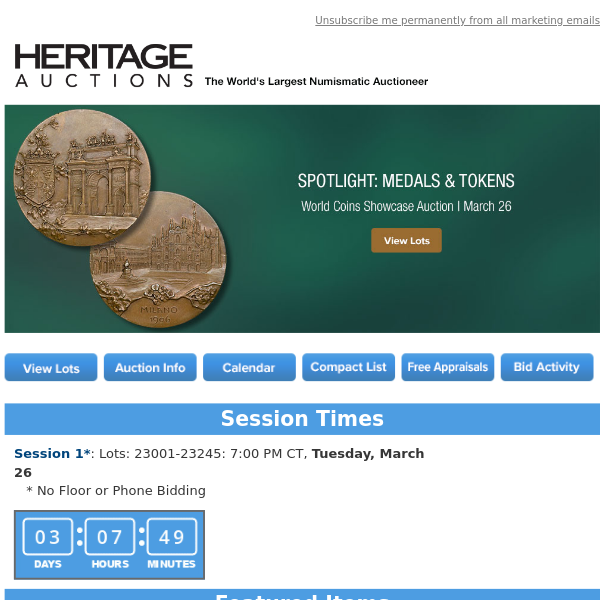 Ending Soon: March 26 Spotlight: Medals & Tokens World Coins Showcase Auction