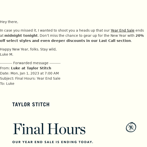 Re: Final Hours: Year End Sale