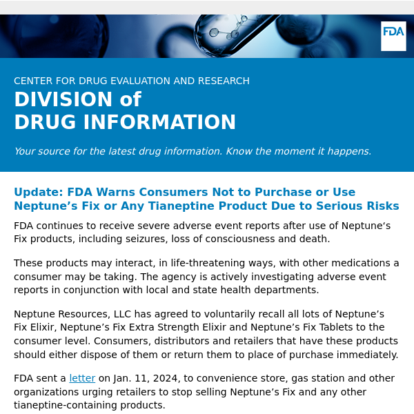 FDA warns consumers not to purchase or use Neptune's Fix or any