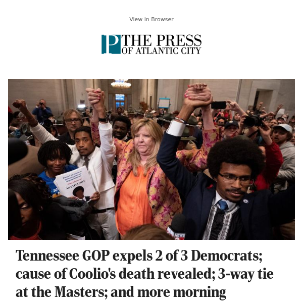 Tennessee GOP expels 2 of 3 Democrats; cause of Coolio's death revealed; 3-way tie at the Masters; and more morning headlines