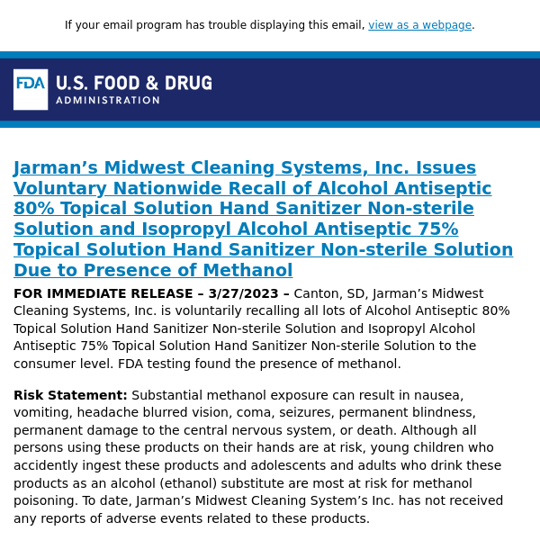 Jarman’s Midwest Cleaning Systems, Inc. Issues Voluntary Nationwide Recall of Alcohol Antiseptic 80% Topical Solution Hand Sanitizer Non-sterile Solution and Isopropyl Alcohol Antiseptic 75% Topical Solution Hand Sanitizer Non-sterile Solution Due to Presence of Methanol