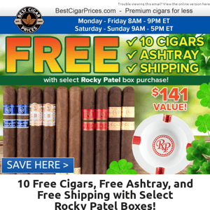 ✅ 10 Free Cigars, Free Ashtray, and Free Shipping with Select Rocky Patel Boxes ✅