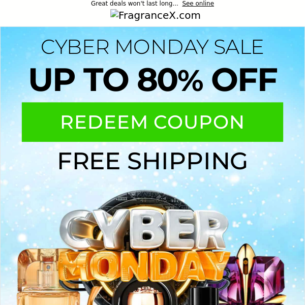 Cyber Week Deals, Free Shipping, Save 30-80%