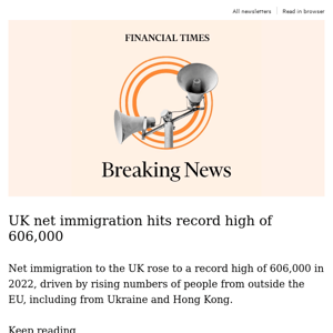 UK net immigration hits record high of 606,000