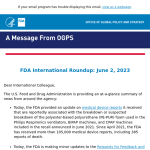 FDA International Roundup: June 2, 2023