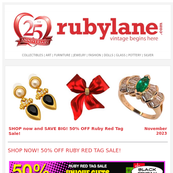 SHOP now and SAVE BIG on JEWELRY! 50% OFF Ruby Red Tag Sale!